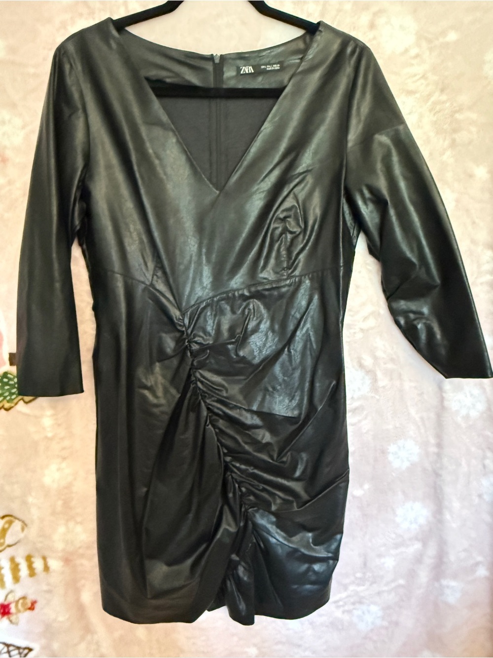 Zara Black Faux Leather Ruched V-Neck Long Sleeve Dress